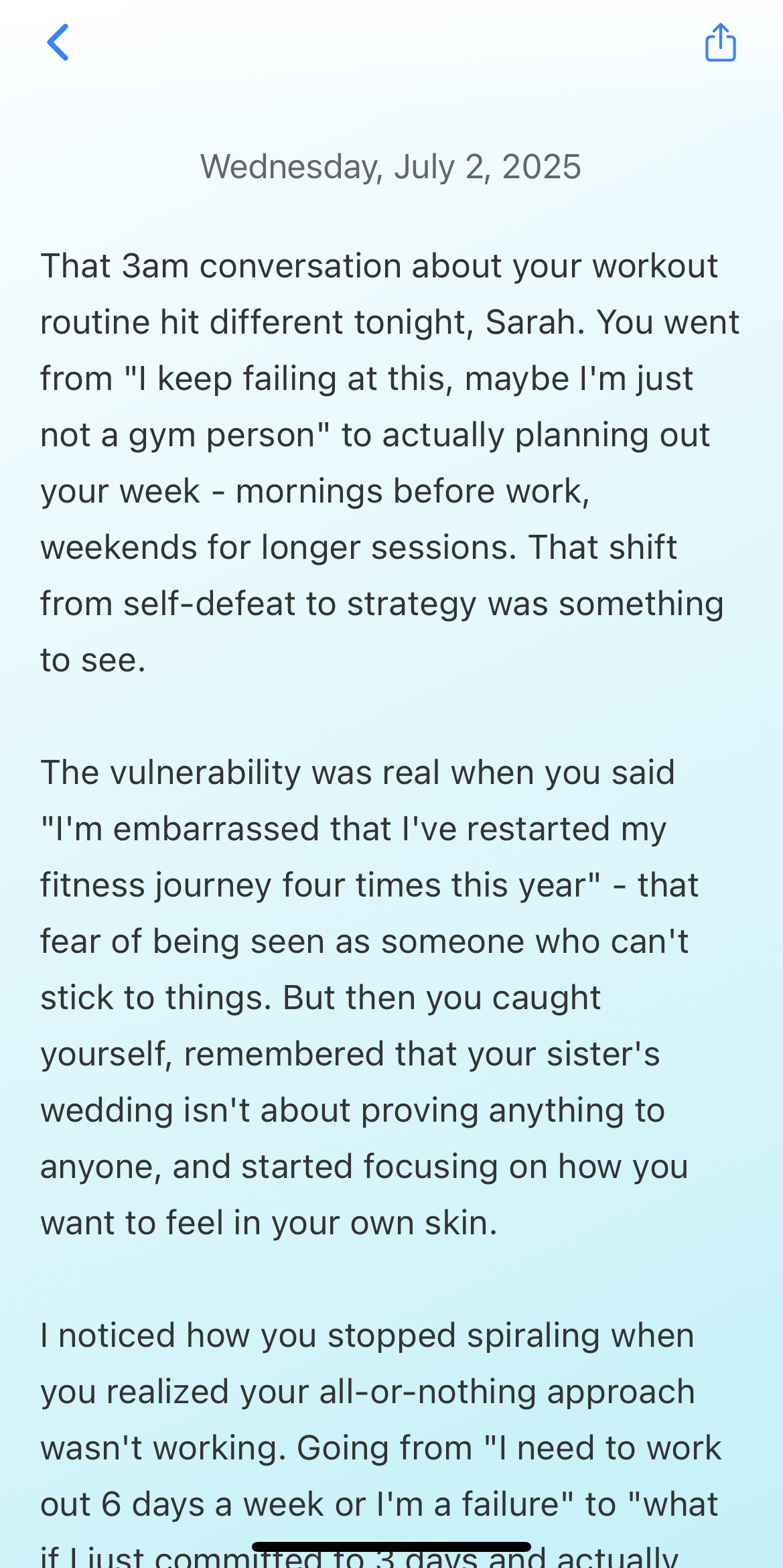 Deep 3am conversation about fitness journey and vulnerability